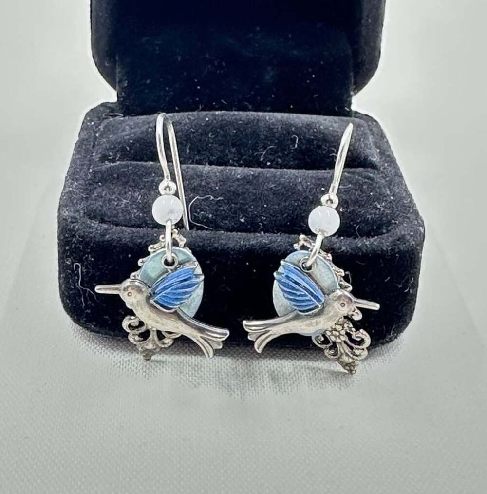 Silver Forest Blue Hummingbird Filigree Drop Earrings